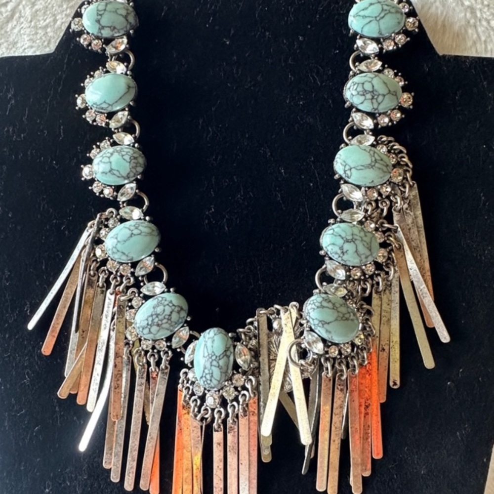Silver-Tone Turquoise Fringe Statement Necklace -